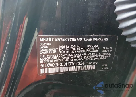 2017 BMW X3 xDrive28I из США, поврежденный, VIN 5UXWX9C53H0T04354